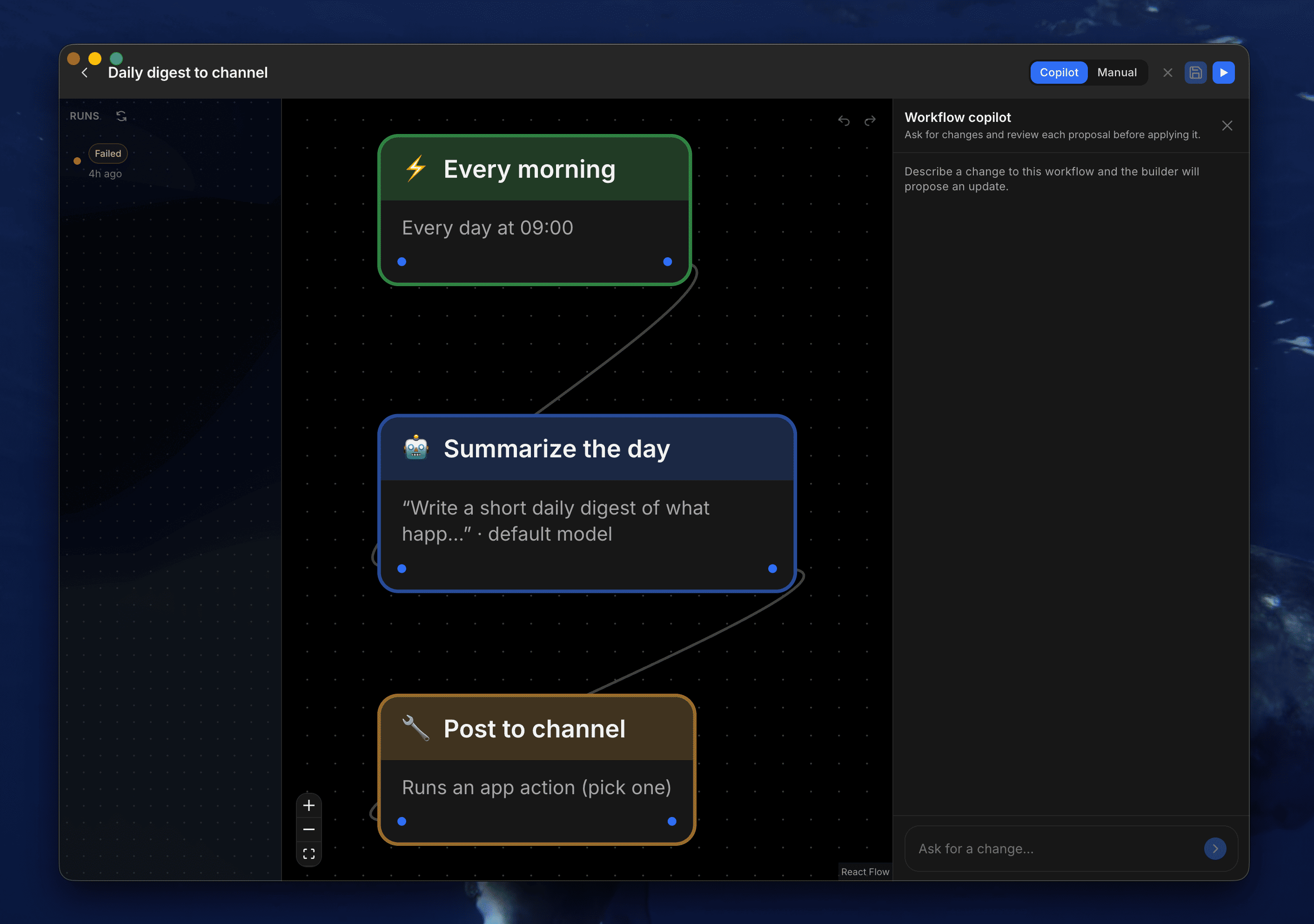 The OpenHuman workflows view, tracking agents executing a workflow