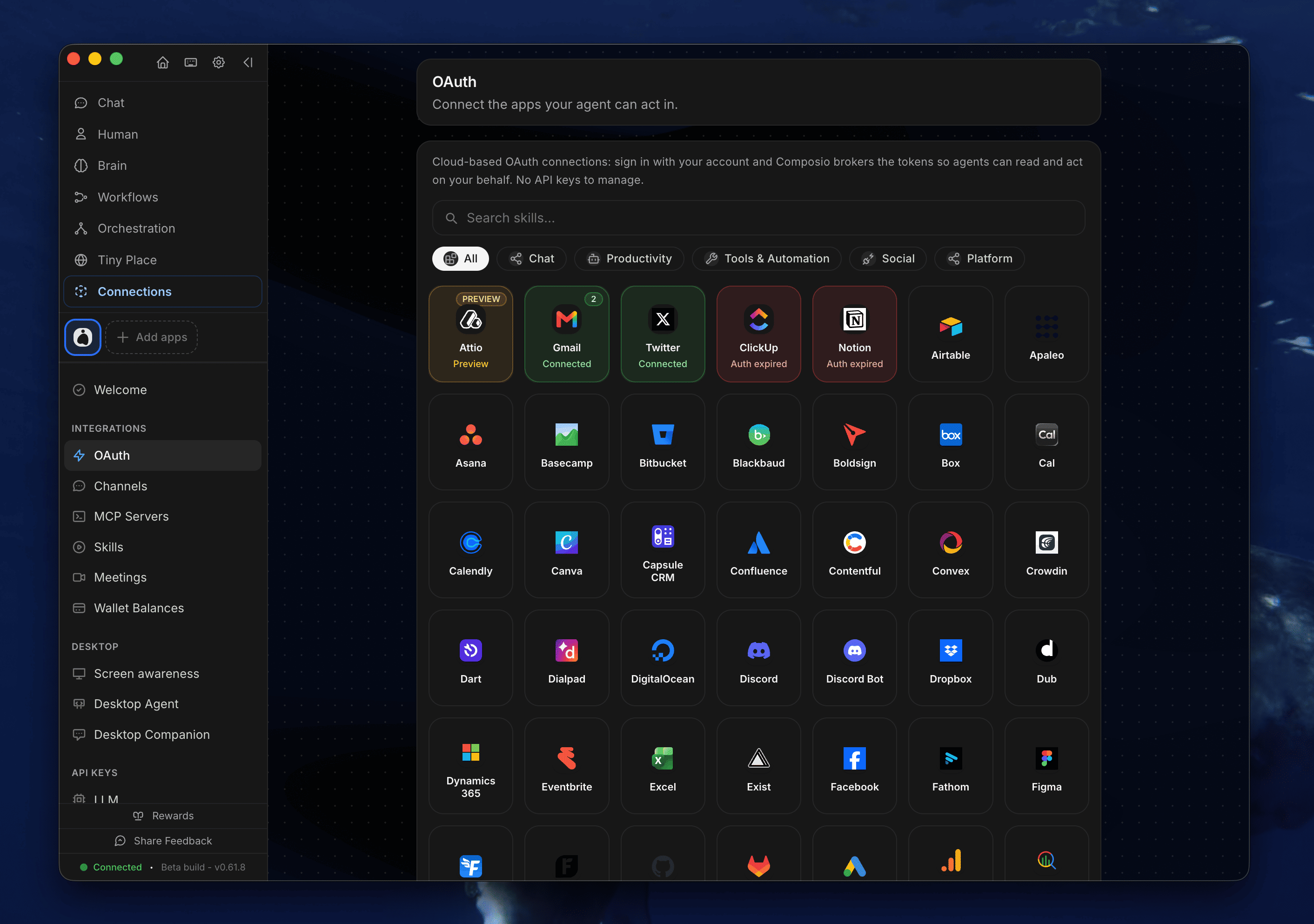 Medulla planning a run and delegating steps across multiple agents, with a list of connected apps